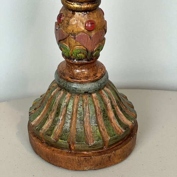 Carved Candle Holder Colorful Wood Slight Gold Tones 12” - Picture 3 of 12